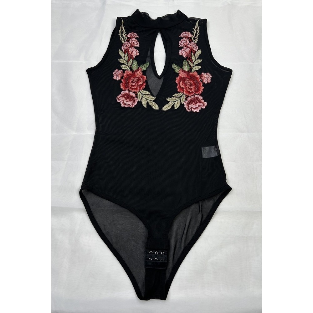 Cotton Candy Couture Bodysuit Women's Small Embroidered Floral Black Red Sheer